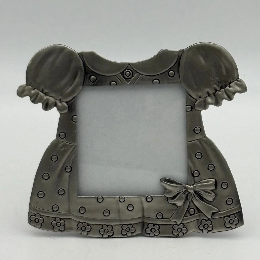 Vintage Pewter Silver Baby Girl Dress Picture Frame Polka Dot Bow Nursery Decor